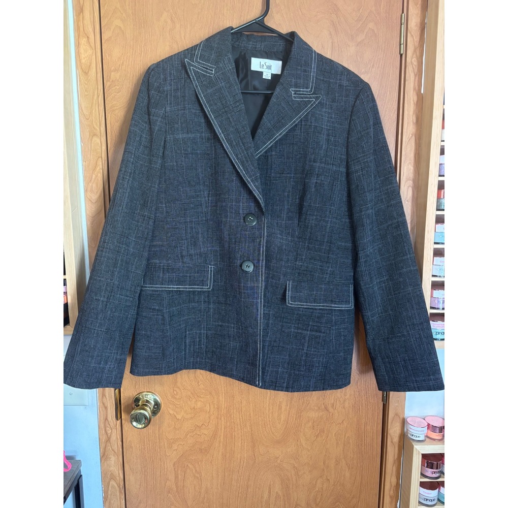 Le Suit Womens Charcoal Grey Crosshatch Pant Suit Set Size 14 Blazer Trousers